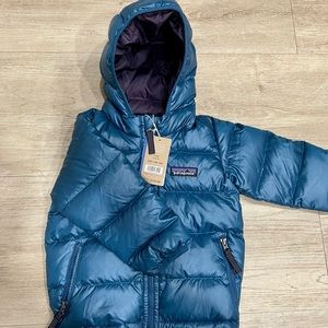Patagonia Baby Hi-Loft Down Sweater Hoody, Crater Blue, 6-12 months (runs big).